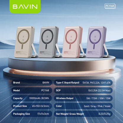BAVIN Y-PC1168 10000mAh 15W Magnetic Wireless Powerbank 22.5W w/ PD 20W Type-C Fast Charging & Stand for Smartphones