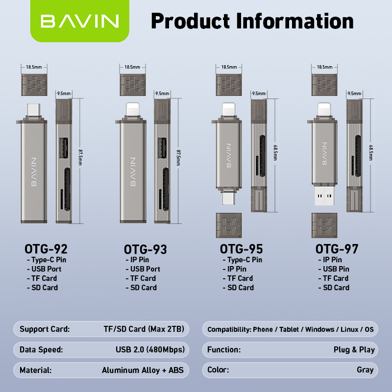 BAVIN O92 3-in-1 USB2.0 Portable Card Reader TF + SD + USB OTG w/480Mbps For Laptop, Smartphone, Tablet & OTG Supported