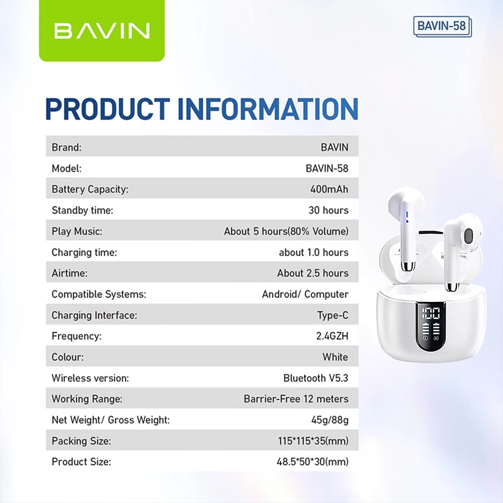BAVIN HB-BA-58 HiFi Wireless Bluetooth Earbuds w/ Built-in Microphone