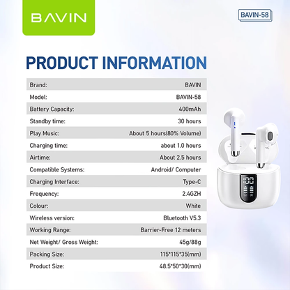 BAVIN HB-BA-58 HiFi Wireless Bluetooth Earbuds w/ Built-in Microphone