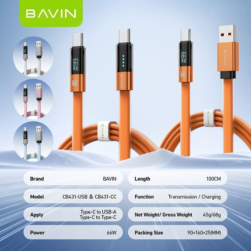 BAVIN CB431 66W PD Fast Charging 1M Braided Data Cable USB to Type-C & Type-C to Type-C w/ LED Display