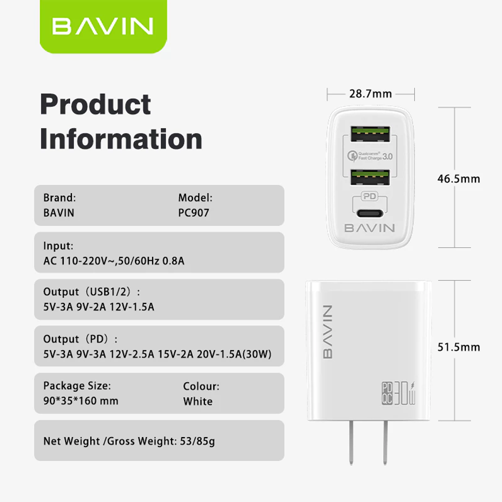 BAVIN C-PC907 30W PD Fast Charger Multi Port Adapter