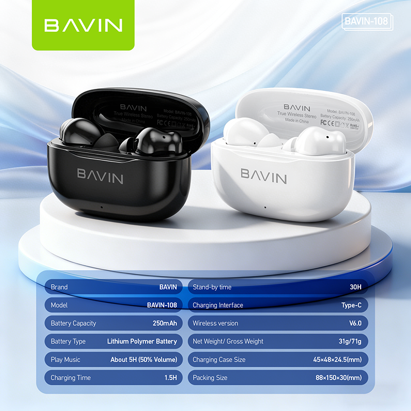 BAVIN BA108 Hi-Res Audio Wireless Bluetooth 6.0 Earbuds ANC+ENC Noise Reduction |Long Battery Life