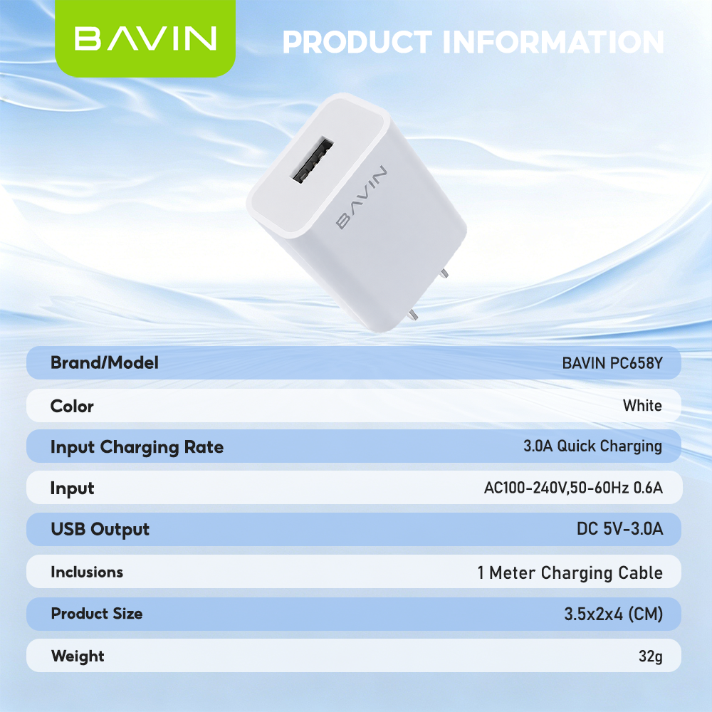 BAVIN PC658Y 3.0A Quick Charging Charger w/ 1 Meter Charging Cable for Micro / iPhone /Type-C