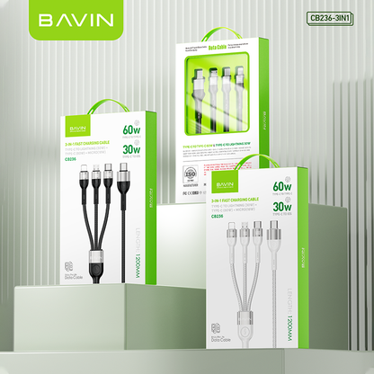 BAVIN CB236 3-in-1 60W 30W 18W Fast Charging Nylon Braided & Data Transfer Cable for iPh & Android (Supports 17 Series)