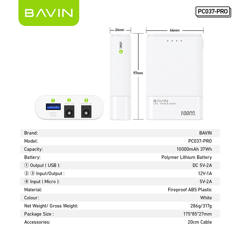 BAVIN Y-PC037 Pro 10000mAh UPS Powerbank / For Internet Router & Universal Devices