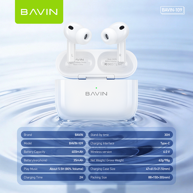 BAVIN BA109 Hi-Res Audio TWS Wireless Bluetooth 6.0 Earphones w/ Microphone & 30 Hours Playtime