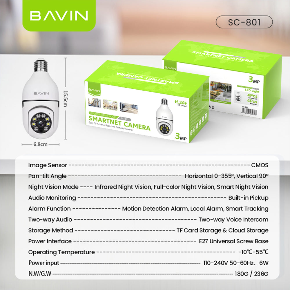 BAVIN SC801 Smart Security Lens Bulb CCTV Camera 3MP WiFi Camera w/Motion Tracking,Alarm System