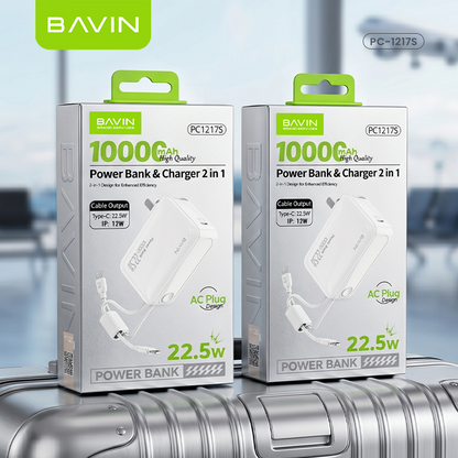 [CCC] BAVIN PC1217 2in1 Portable 10000mAh 22.5W Fast Charging Powerbank Built-in Dual Cables+AC Plug