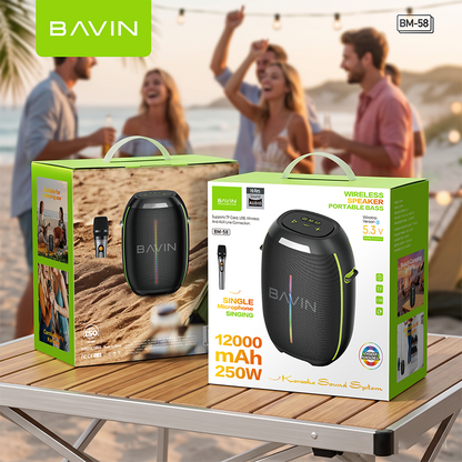 BAVIN BM58 250W Portable Party Bluetooth Karaoke Speaker 12000mAh with RGB LED Lights & Wireless Mic