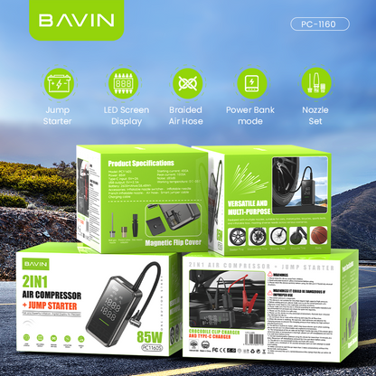 BAVIN Y-PC1160 2 in 1 Jump Starter & Air Compressor 10400mAh Powerbank