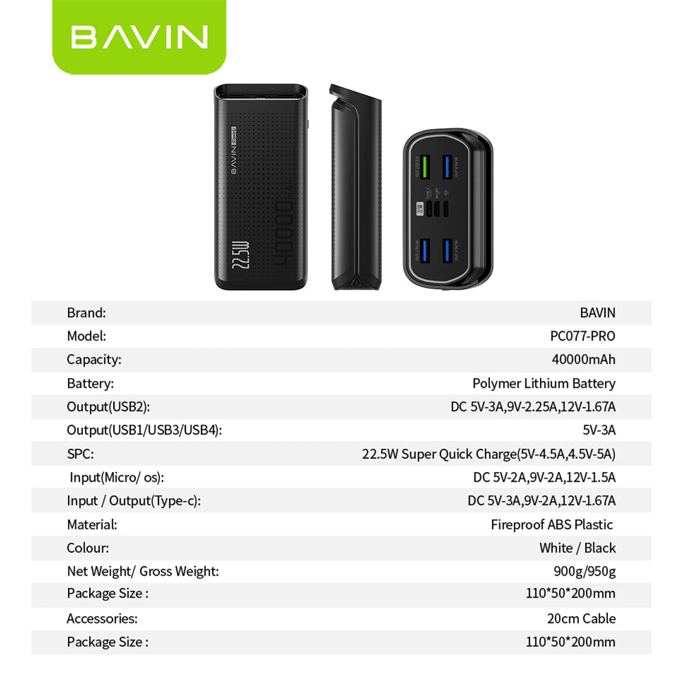 BAVIN Y-PC077 Pro 40000mAh Fast Charging Powerbank w/ 4 USB Outputs & 3 Input