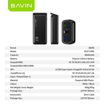 BAVIN Y-PC077 Pro 40000mAh Fast Charging Powerbank w/ 4 USB Outputs & 3 Input