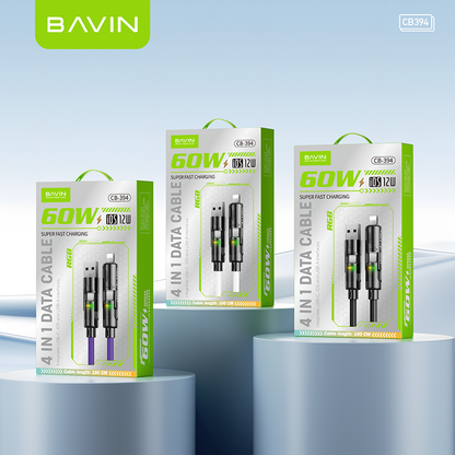 BAVIN U-CB394 60W 4-in-1 Silicone Fast Charging Cable w/ RGB Light Type-C & iPhone for Laptop, Tablet & Phones