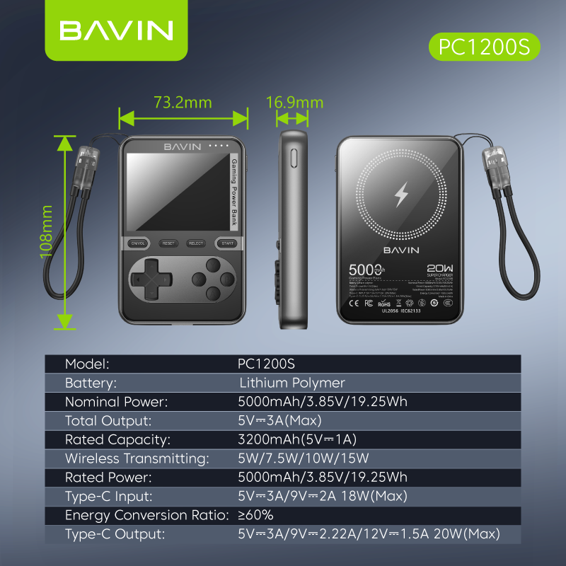 BAVIN Y-PC1200 5000mAh Mini Portable Retro Game Console Powerbank Magnetic Wireless w/ Dual Type-C Cable + Memory Card