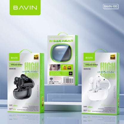 BAVIN HB-BA-100 Wireless Earbuds Bluetooth Hi-Res Audio w/ Touch Control & Mic/ Type-C 4H Playtime Earphones