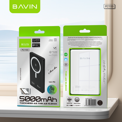 BAVIN Y-PC1133 5000mAh Ultra Thin Magnetic Wireless Powerbank w/ 20W Fast Charging Type-C In / Output for Smartphones