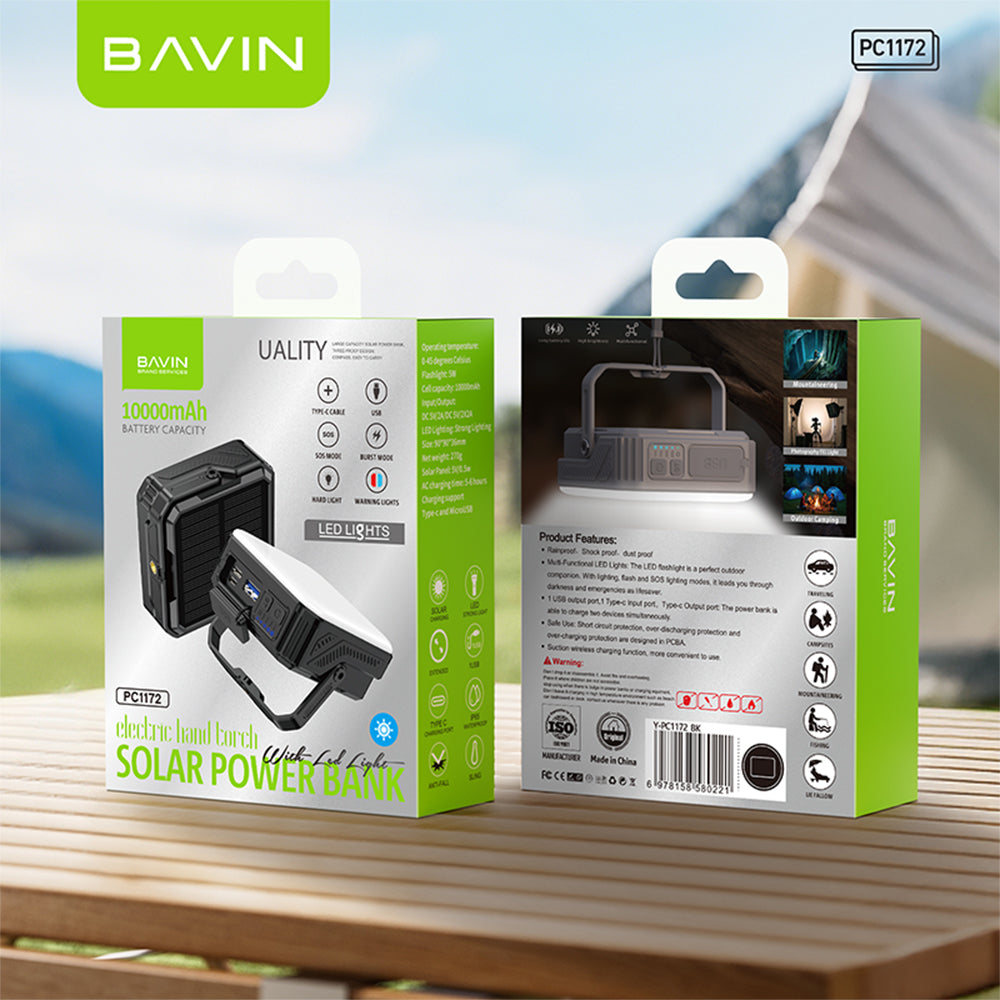 BAVIN PC1172 10000mAh Solar Powerbank w/Waterproof LED | Emergency Light | for Outdoor & Camping