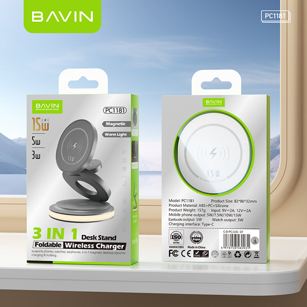 BAVIN Y-PC1181 3-in-1 Magnetic Wireless Charger 15W Fast Charging Dock for Phone / Watch / Earbuds Foldable w/ LED Light