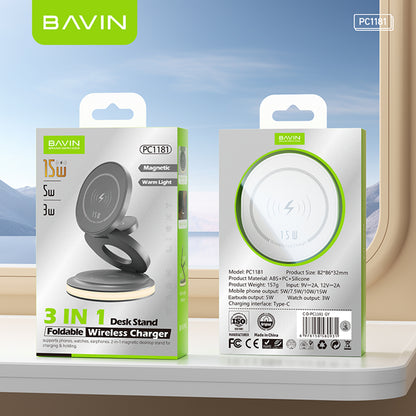 BAVIN Y-PC1181 3-in-1 Magnetic Wireless Charger 15W Fast Charging Dock for Phone / Watch / Earbuds Foldable w/ LED Light