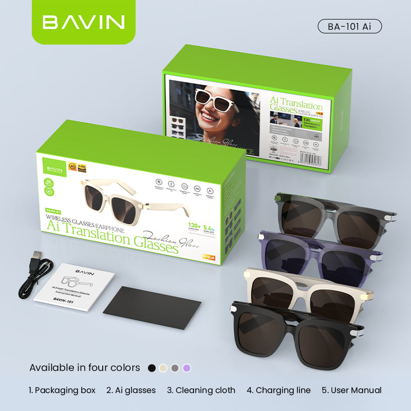 BAVIN BA101 Ai Smart Translation Sunglasses BT 5.4 w/ 130+ Languages, Open-Ear Hi-Fi Sound, Touch Control & UV Protection