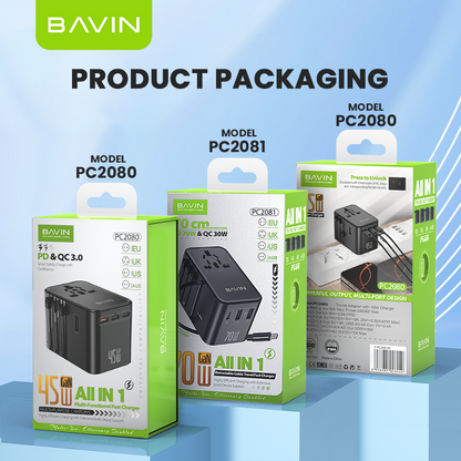 BAVIN PC2080 70W / 45W PD GaN Fast Charging Adapter & Multi-Port Universal Plug Charger for Laptop, Phones & Tablets