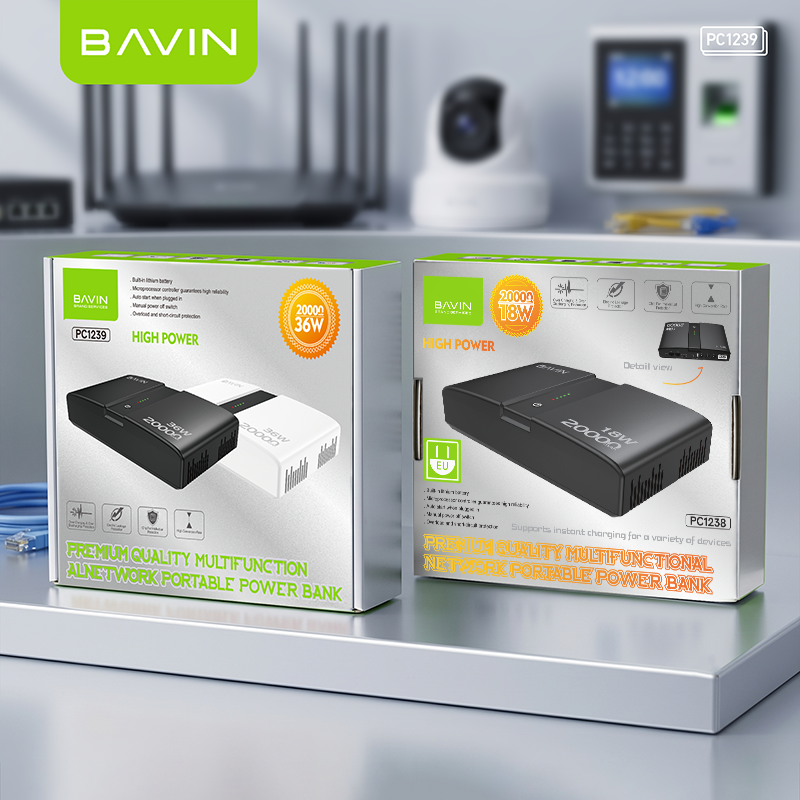 BAVIN PC1238 Portable 18W/36W 20000mAh UPS Uninterrupted Backup Powerbank for PoE Sensor, Router, CCTV