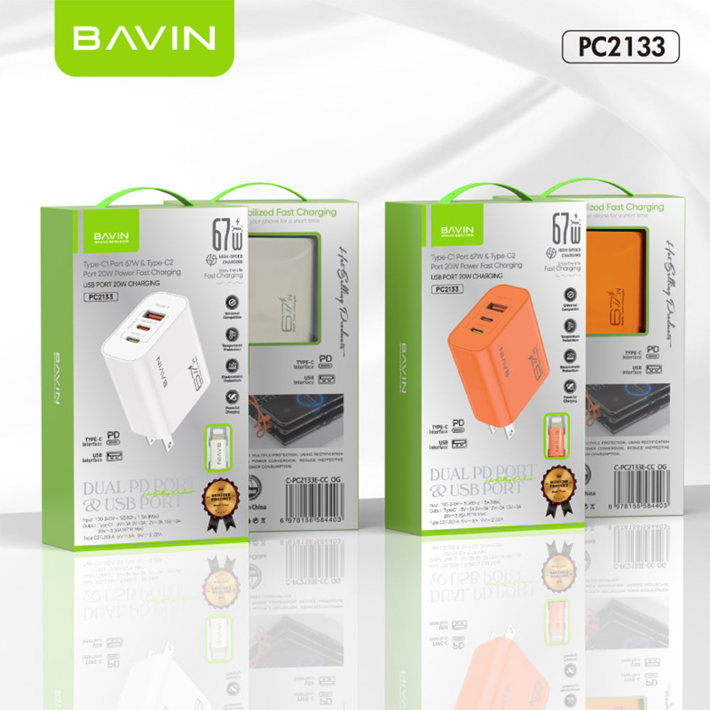 BAVIN PC2133 3in1 67W GaN Fast Charging Charger Dual Type-C + USB Ports w/ 1m Cable for Laptop, Phones