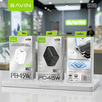 BAVIN PC2187 Portable 45W PD Fast Charger Dual USB C Wall Adapter w/ 1M Cable for iPh 17/Android/Laptop
