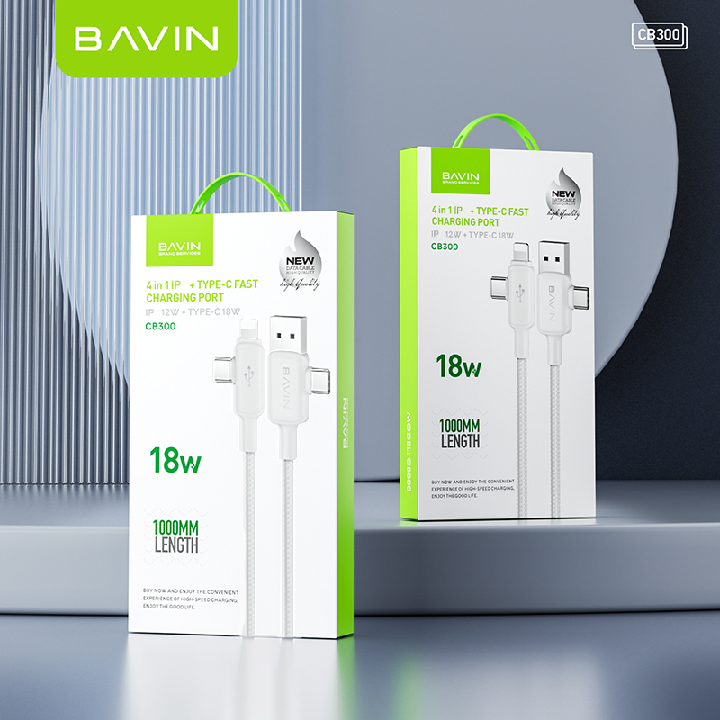 BAVIN CB300 4 in 1 Pd 12W + Type-C 18W Fast Charging Data Cable Nylon Braid Data Transfer for Phones