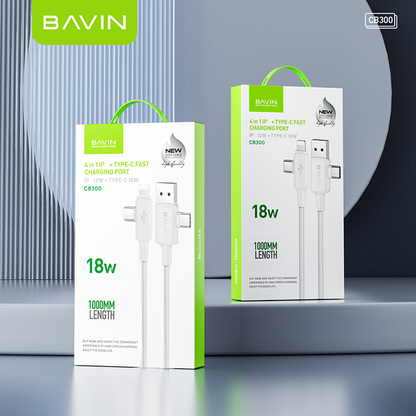 BAVIN CB300 4 in 1 Pd 12W + Type-C 18W Fast Charging Data Cable Nylon Braid Data Transfer for Phones