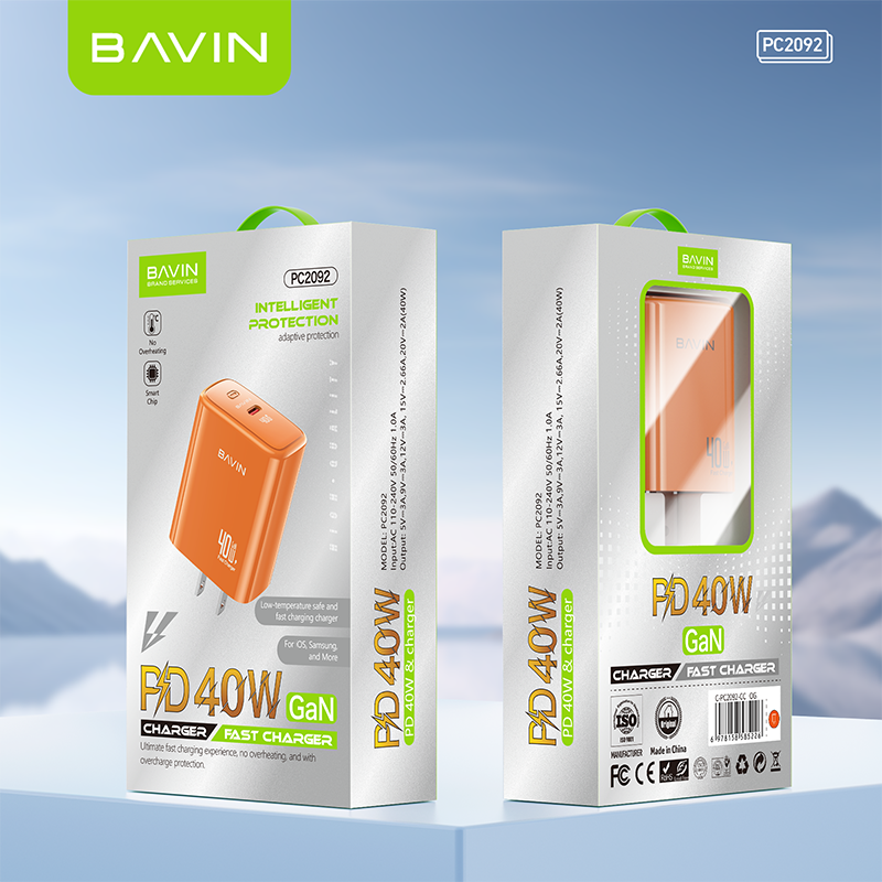 BAVIN PC2092 40W PD GaN Fast Charging Adapter USB-C Wall Charger for Laptop, iPhone 5-17 &Type-C Devices