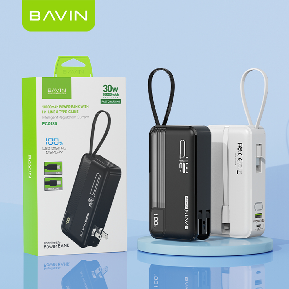 BAVIN PC018 10000mAh 30W Fast Charging Power Bank Built-in Type-C / iPhone Cable & Plug for iPhone 17