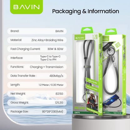 BAVIN U-CB374-XX Fast Charging Cable w/ Crossbody & Wrist Lanyard