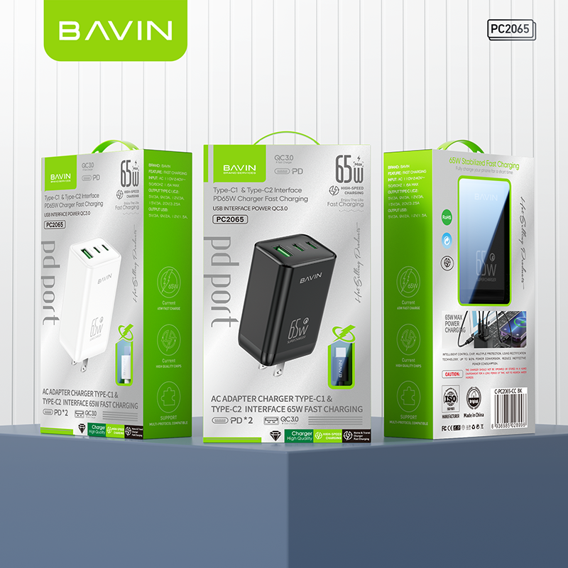 BAVIN C-PC2065-CC 65W PD+QC Fast Charging w/ Type-C+USB Multi Ports Output Charger Cable Set