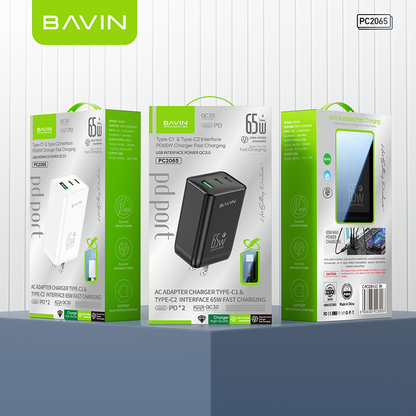 BAVIN C-PC2065-CC 65W PD+QC Fast Charging w/ Type-C+USB Multi Ports Output Charger Cable Set