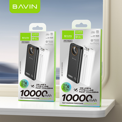 BAVIN Y-PC1152 10000mAh Fast Charging Powerbank 22.5W w/ LED Display & Built-in Dual Cables Type-C / iPhone