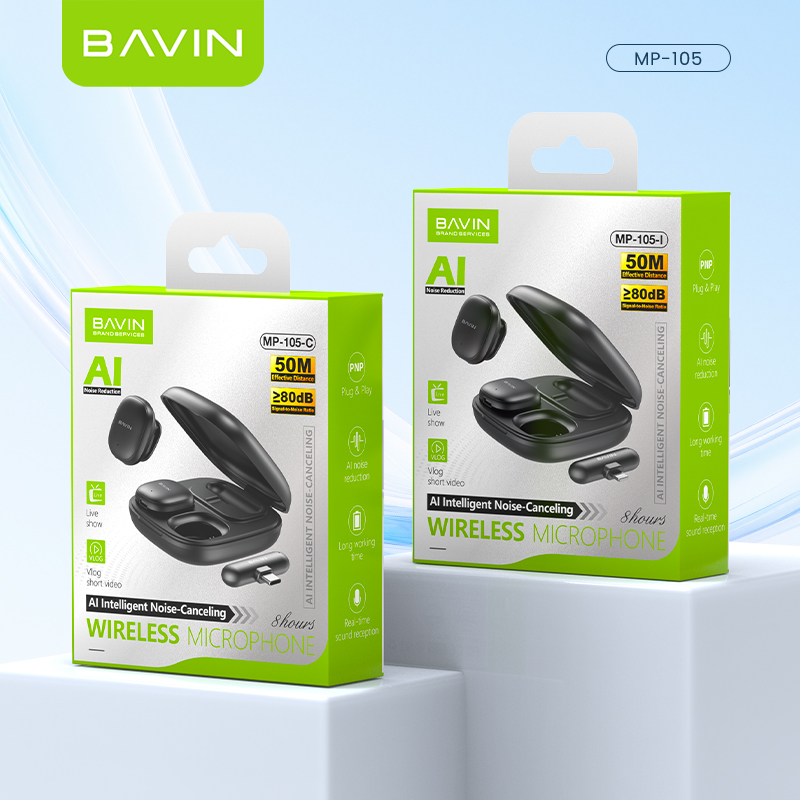 BAVIN MP105 Dual Wireless Microphone 50m Range, Plug & Play w/ 3-Mode Noise Cancellation, Case & LED for Type-C/ iPhone