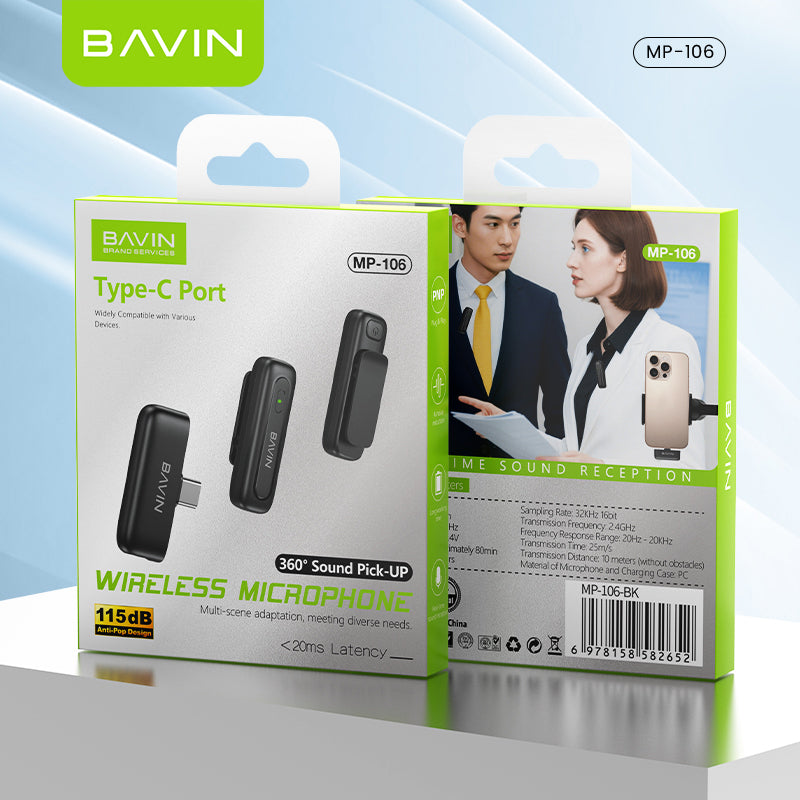 BAVIN MP106 Wireless Lavalier Type-C Port Microphone w/ 360° Sound Pick Up For Vlog & Live Stream