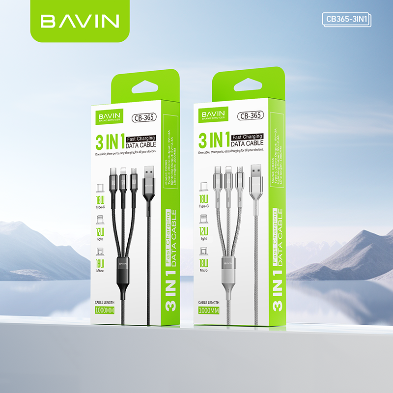 BAVIN CB365 3-in-1 Fast Charging Cable Nylon Braided 3A 480Mbps Data Transfer for Type-C/Micro/iPhone