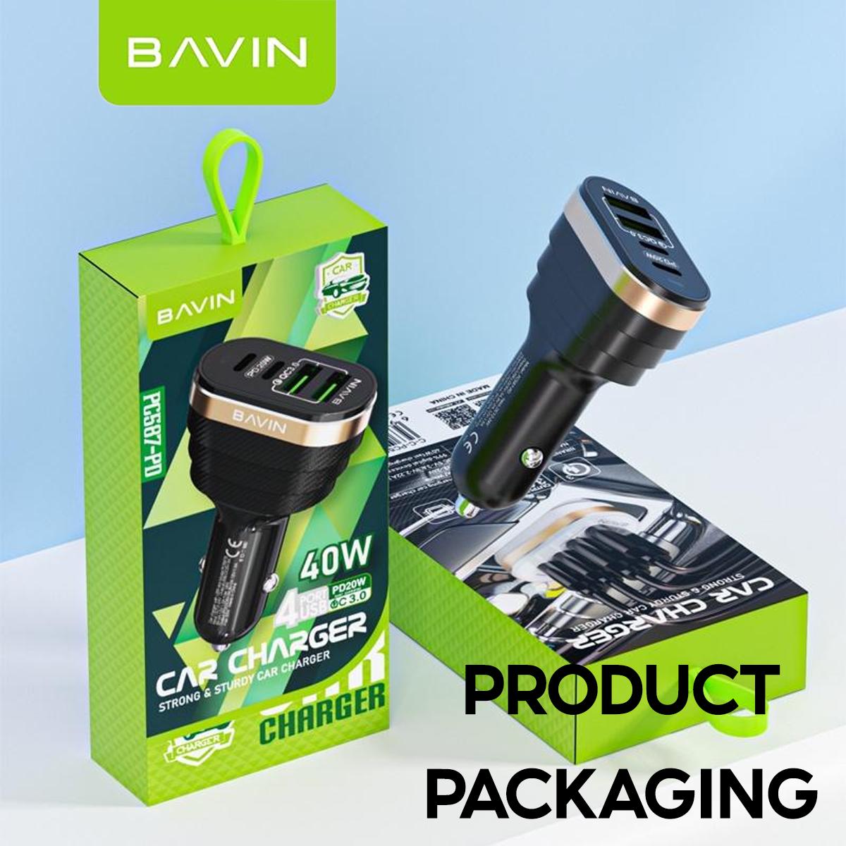 BAVIN PC587 40W Car Charger w/ Dual USB 3.0 + 20W PD Type-C Fast Charging for iPh & Android (Supports iPh17 Series)