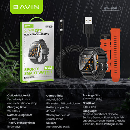 BAVIN BW606 Waterproof Sport Smart Watch 2.01" HD Display w/ AI Voice, Flashlight & Health Monitor for Smartphones