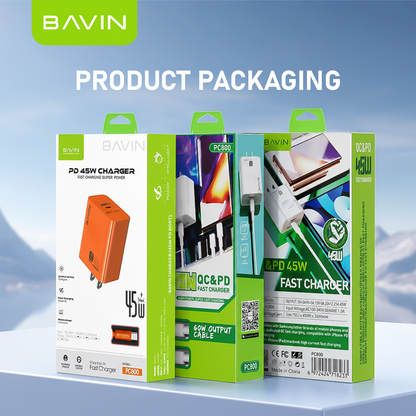 BAVIN PC800 45W PD Fast Charging Adapter Type-C Port Supports for iPhone 17 & Laptop w/ Date Cable