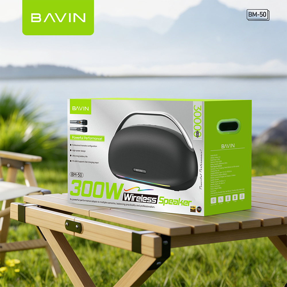 BAVIN BM50 300W Portable Bluetooth Powerhouse Speaker + 30000mAh Powerbank Function w/Dual Mic & LED