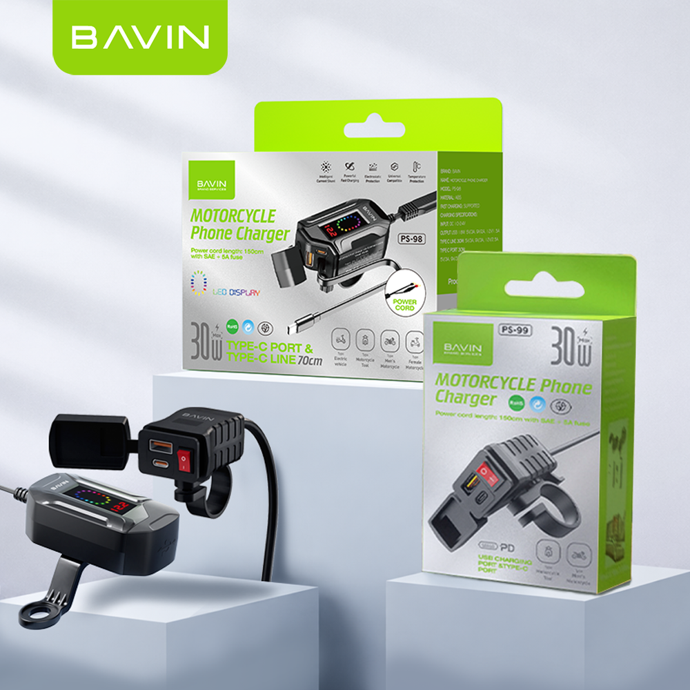 BAVIN PS98 30W Fast Charger for Motorcycles w/ Built-In Retractable Type-C Cable & USB + Type-C Port
