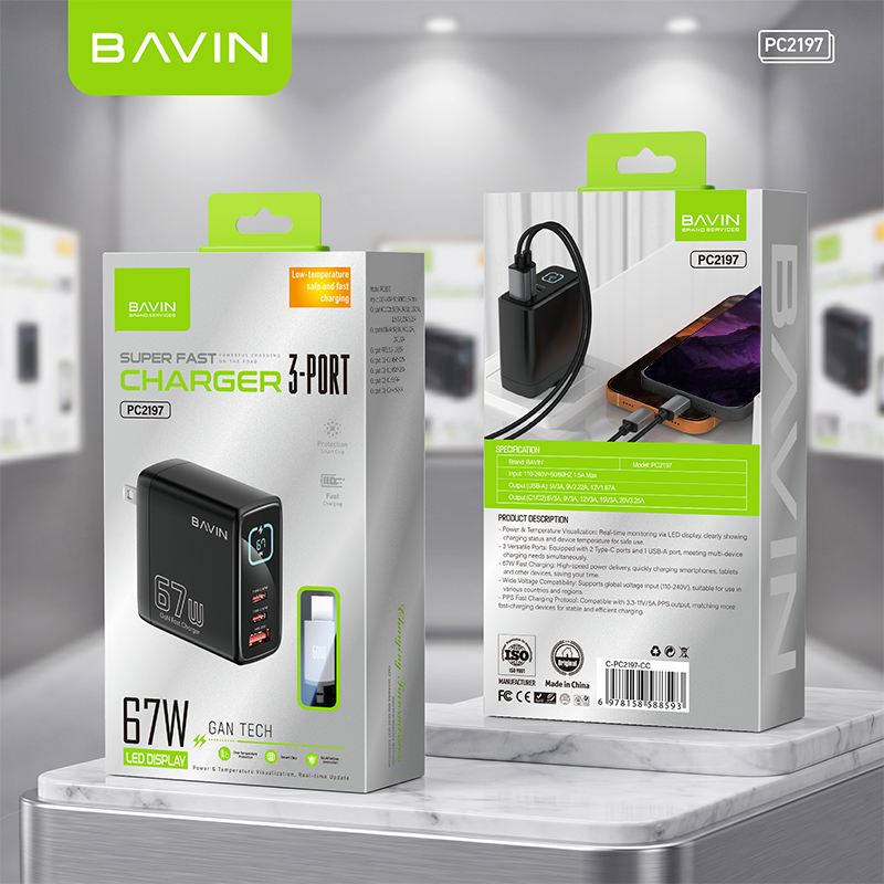 BAVIN PC2197 67W PD GaN Fast Charger w/ Smart LED Display + Foldable Plug + 3 USB Ports for Laptop, iPhone 17