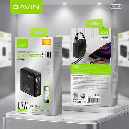 BAVIN PC2197 67W PD GaN Fast Charger w/ Smart LED Display + Foldable Plug + 3 USB Ports for Laptop, iPhone 17