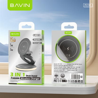 BAVIN PC1181 3in1 Magnetic 15W Wireless Charger Dock for Phone/Watch/Earbuds w/ Foldable Stand & LED