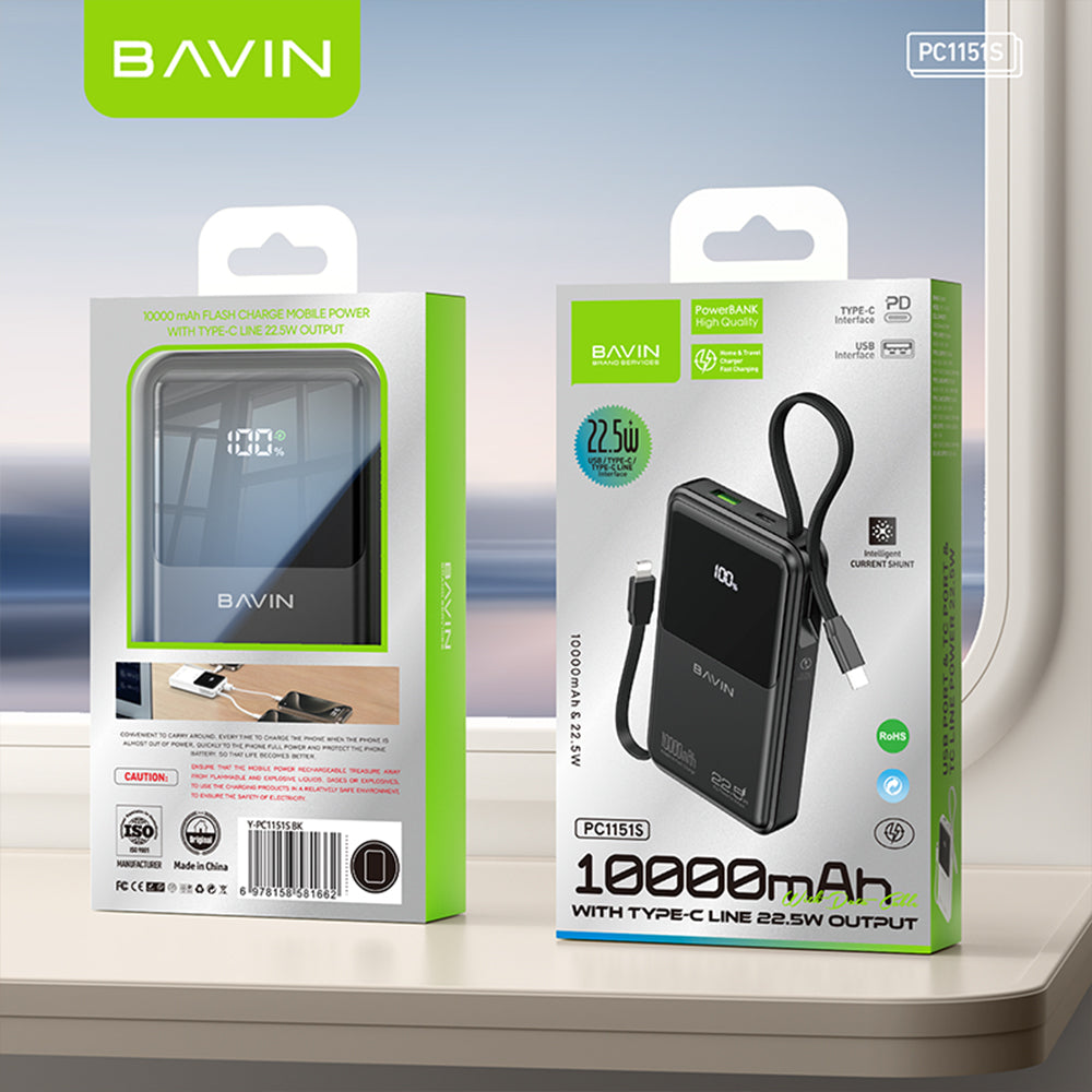 BAVIN PC1151 10000mAh Powerbank w/ 22.5W Triple Fast Charging Built-in Type-C & iPhone Cables | Smart LED Display