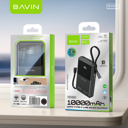 BAVIN PC1151 10000mAh Powerbank w/ 22.5W Triple Fast Charging Built-in Type-C & iPhone Cables | Smart LED Display